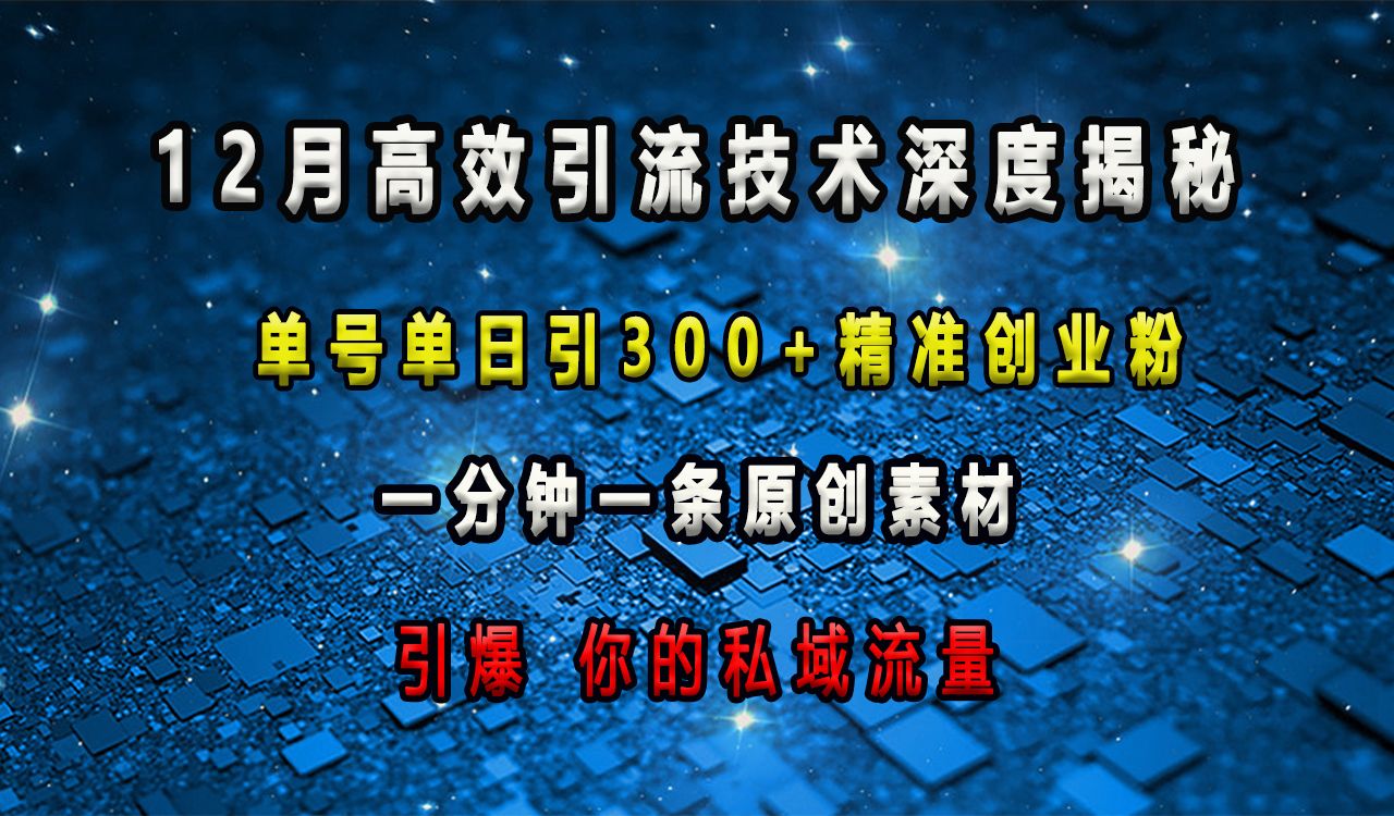 12月高效引流技术深度揭秘 ,单号单日引300+精准创业粉,一分钟一条原创素材,引爆你的私域流量