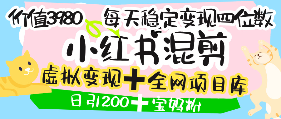 价值3980的小红书混剪, 虚拟变现 +全网项目库 , 日引200+宝妈创业粉,每天稳定四位数变现