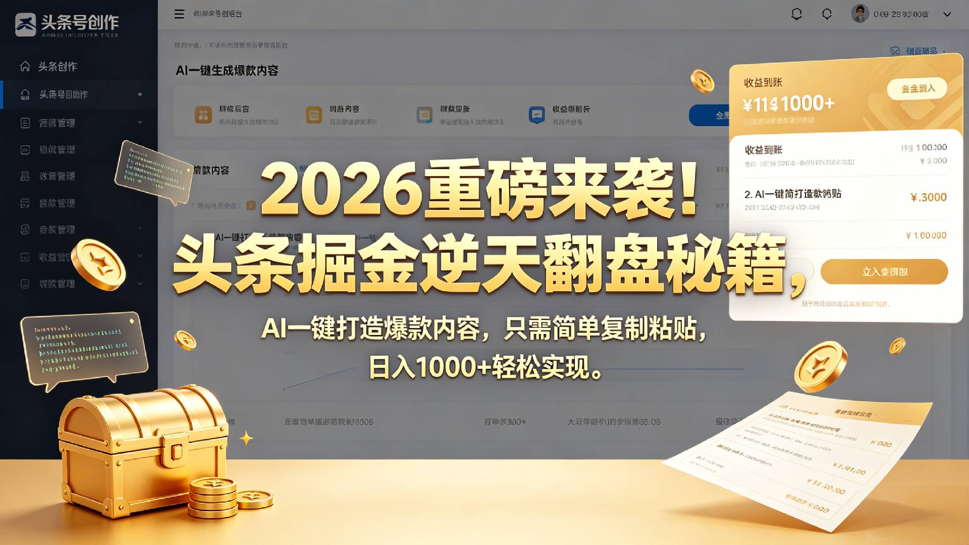 2026 重磅来袭！头条掘金逆天翻盘秘籍，AI 一键打造爆款内容，只需简单复制粘贴，日入 1000 + 轻松实现！
