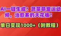 AI一键生成!蔬菜萌宠运动视频,治愈系的天花板!单日变现1000+(附教程)