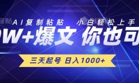 三天起号 日入1000+ AI复制粘贴 小白轻松上手
