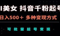 AI美女抖音千粉起号玩法，日入500＋，多种变现方式，可批量矩阵起号出售！