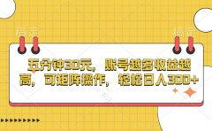 五分钟30元，账号越多收益越高，可矩阵操作，轻松日入300+