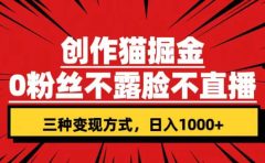 创作猫掘金，0粉丝不直播不露脸，三种变现方式 日入1000+轻松上手(附资料)