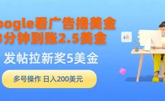Google看广告撸美金,3分钟到账2.5美金,发帖拉新5美金,多号操作,日入...