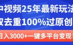 中视频25年最新玩法，双去重100%过原创，日入3000+一键多平台变现