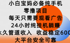 小白宝妈必备纯手机零撸项目，每天只需要观看广告，24小时纯挂机躺赚，永久管道收入，收益稳定600+，大平台安全可靠