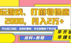 玩游戏、打麻将保底2000,月入2万+,平台风口项目