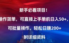 新手必看项目！操作简单，可直接上手，单机日入50+，可批量操作，轻松日赚200+，附详细资料