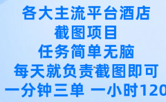 各大主流平台酒店截图项目，任务简单无脑，每天就负责截图即可，一分钟三单 ，一小时可以做120