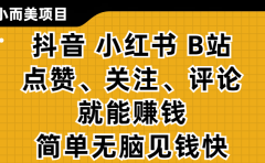 小而美的项目，抖音、小红书、B站视频点赞、关注、评论就能赚钱，简单无脑立见收益！妥妥的零撸项目