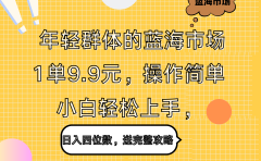 年轻群体的蓝海市场，1单9.9元，操作简单，小白轻松上手，日入四位数，送完整攻略