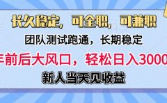 日入3000+，团队测试跑通，长久稳定，新手当天变现，可全职，可兼职