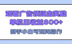 观看广告全自动挂机，单机收益800+，可矩阵无限放大，新手小白轻松上手