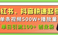 小红书、抖音、快手快速起号，单条视频500w播放量，单日引流100＋创业粉