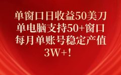 单窗口日收益50美刀，单电脑支持50+窗口，每月单账号稳定产值3W+！