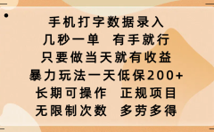 手机打字数据录入，几秒一单，有手就行，只要做当天就有收益，暴力玩法一天低保200+，长期可操作，正规项目，无限制次数，多劳多得