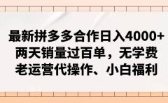 最新拼多多合作日入4000+两天销量过百单，无学费、老运营代操作、小白福利