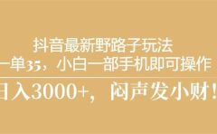 抖音最新野路子玩法，一单35，小白一部手机即可操作，，日入3000+，闷...