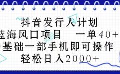 抖音发行人计划，蓝海风口项目 一单40，0基础一部手机即可操作 日入2000＋