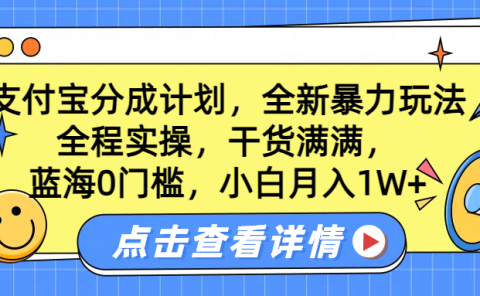 蓝海0门槛,支付宝分成计划,全新暴力玩法,全程实操,干货满满,小白月入1W+