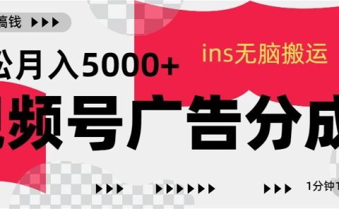 视频号广告分成，ins无脑搬运，1分钟1条原创视频，轻松月入5000+
