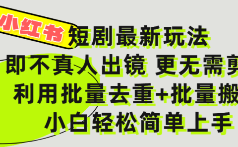 小红书短剧最新玩法，轻松日入3000+，既不真人出镜，更不用剪辑，全程搬运，傻瓜式操作，私域零成本批量操作