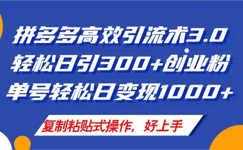 拼多多店铺引流技术3.0,日引300+付费创业粉,单号轻松日变现1000+