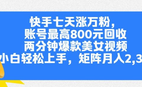 快手七天涨万粉,但账号最高800元回收。两分钟一个爆款美女视频,小白秒上手