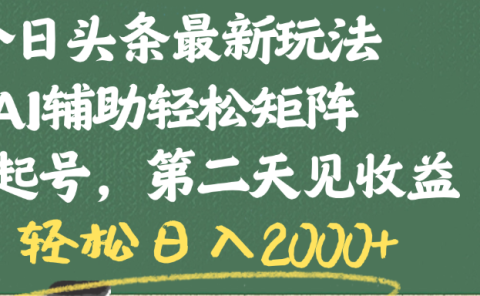今日头条最新玩法,AI辅助轻松矩阵,当天起号,第二天见收益,轻松日入2000+