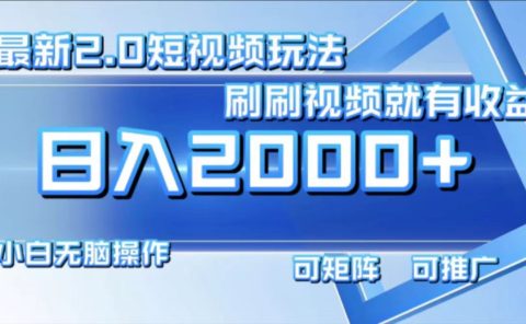 最新项目短视频2.0玩法，刷刷视频就有收益.小白无脑操作，日入2000+