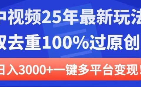 中视频25年最新玩法，双去重100%过原创，日入3000+一键多平台变现