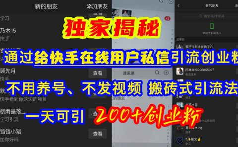 通过给快手在线用户私信引流创业粉,不用养号、不发视频、搬砖式引流法,一天可引200+创业粉