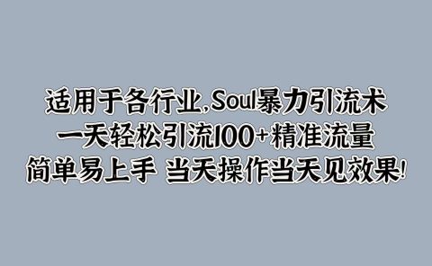适用于各行业，Soul暴力引流术，一天轻松引流100+精准流量，简单易上手 当天操作当天见效果!