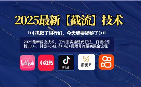 【抱歉了同行们，今天我要揭秘了】2025最新截流技术，工作室实操迭代打法，日轻松引粉300+，抖音+小红书+B站+视频号流量实操全流程