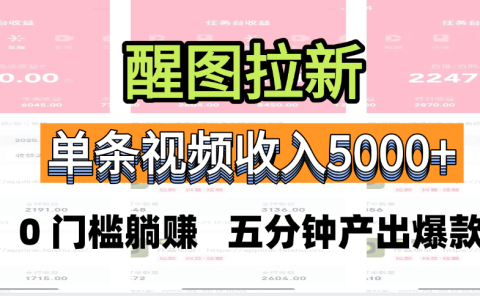 醒图拉新，0 门槛躺赚，五分钟产出爆款，单条视频收入5000+