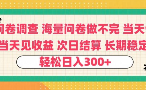 问卷调查 一手资源海量问卷做不完 次日结算 可全职可兼职 长效稳定 当天做当天见收益 轻松日入300+
