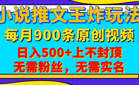 小说推文王炸玩法，一键代发，每月最多领900条原创视频，播放量收益日入500+上不封顶，无需粉丝，无需实名
