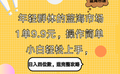 年轻群体的蓝海市场，1单9.9元，操作简单，小白轻松上手，日入四位数，送完整攻略