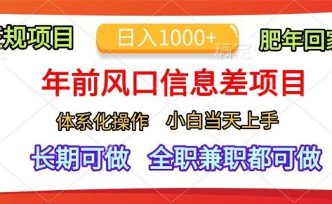 年前风口信息差项目，日入1000+，体系化操作，小白当天上手，肥年回家