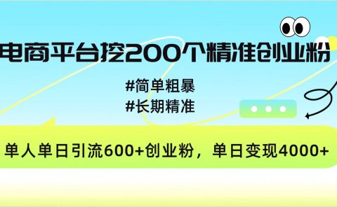 电商平台挖200个精准创业粉，简单粗暴长期精准，单人单日引流600+创业粉，日变现4000+