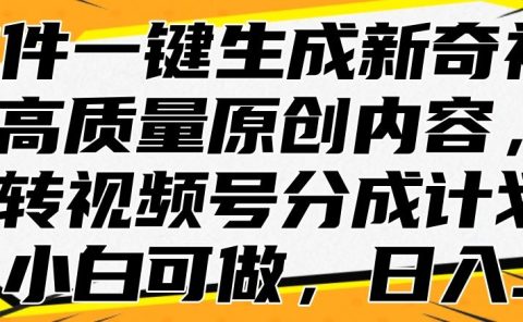 AI软件一键生成新奇视频，高质量原创内容，玩转视频号分成计划，小白可做，日入...