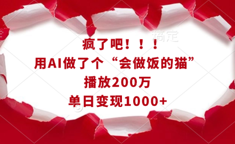 疯了吧！！！用AI做了个“会做饭的猫”，播放200万，单日变现1000+