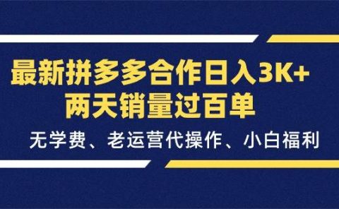 最新拼多多合作日入3K+两天销量过百单，无学费、老运营代操作、小白福利