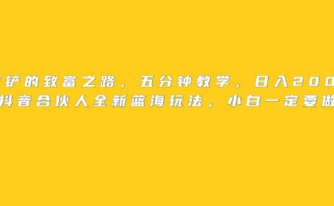 王铲铲的致富之路，日入2000+收益，五分钟教学，抖音合伙人全新蓝海玩法，小白一定要做的项目