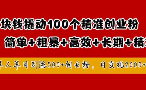 1块钱撬动100个精准创业粉,简单粗暴高效长期精准,单人单日引流500+创业粉,日变现2000+