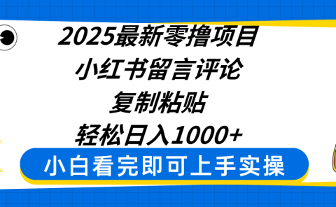 2025最新零撸项目，小红书留言评论，复制粘贴即可赚钱，轻松日入1000+