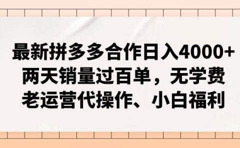最新拼多多合作日入4000+两天销量过百单，无学费、老运营代操作、小白福利