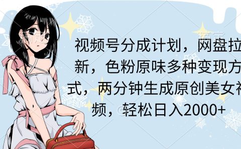 视频号分成计划，网盘拉新，色粉原味多种变现方式，两分钟生成原创美女...