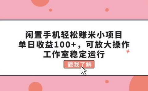 闲置手机轻松赚米小项目，单日收益100+，可放大操作，工作室稳定运行
